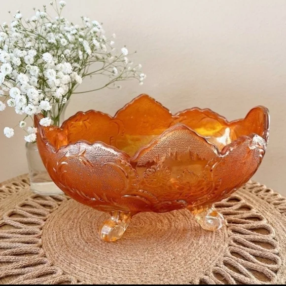 Vintage Orange Iridescent Carnival Glass Candy Dish - Picture 2 of 2